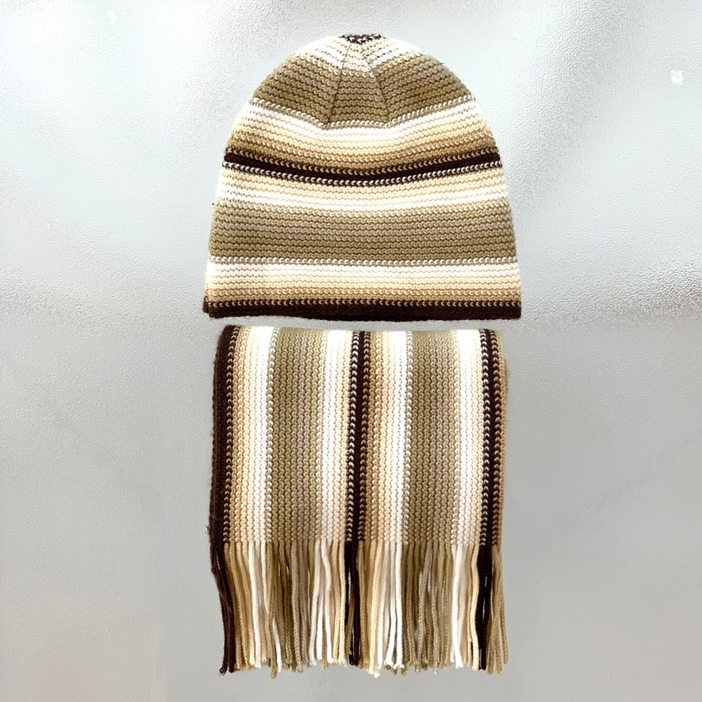 Joe Boxer Brown and Beige Striped Knit Hat and Fringed Scarf Set ~ One Size